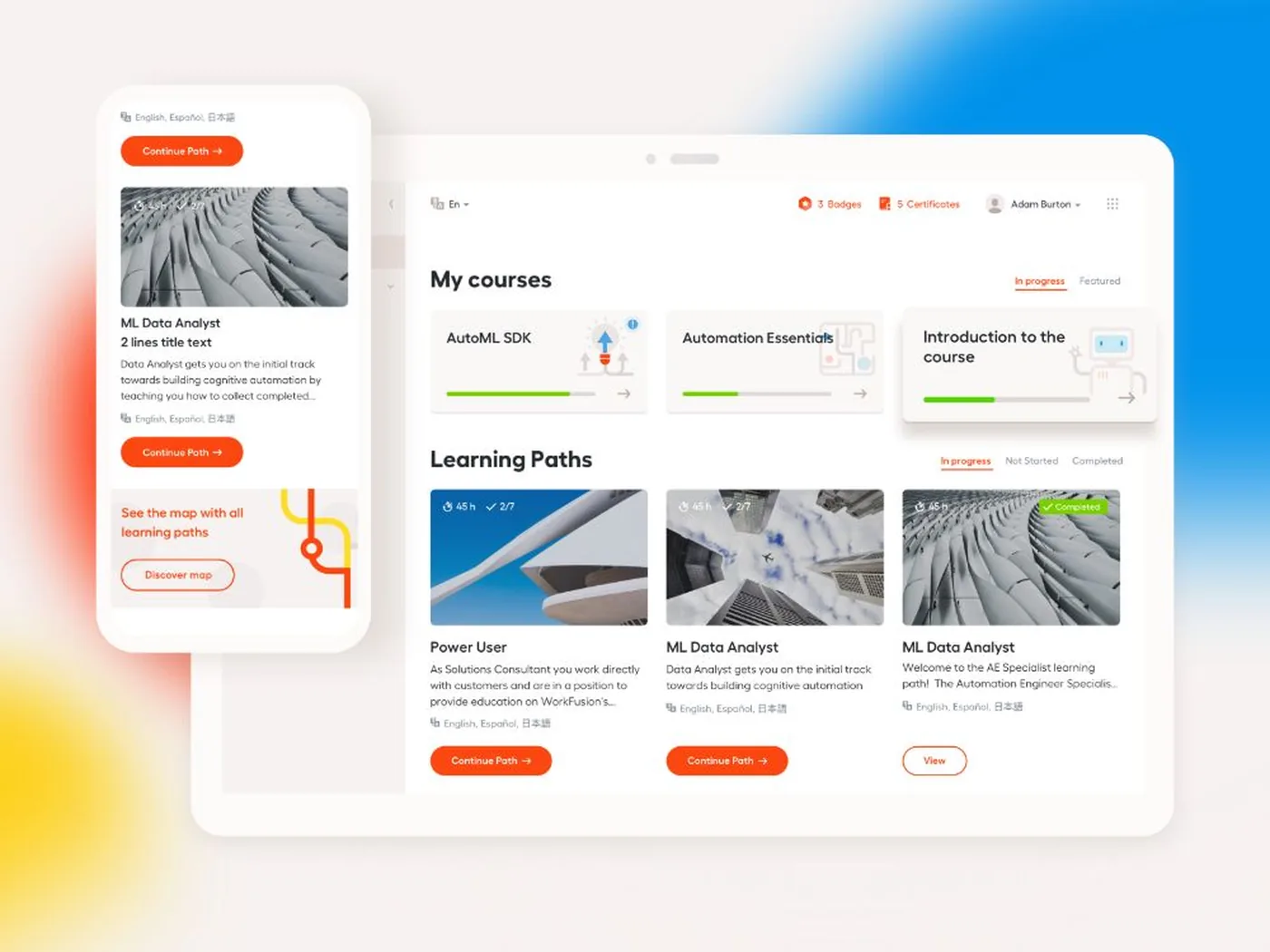 Интерфейс Automation Academy: личный кабинет с курсами, путями обучения, бейджами и сертификатами